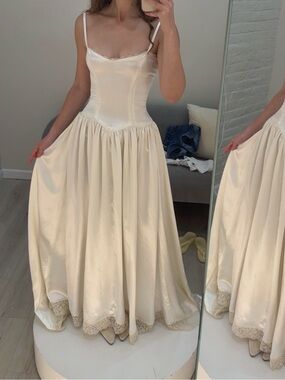 Vintage Cream Silk Spaghetti-Strap Drop Waist Wedding Dress Gown